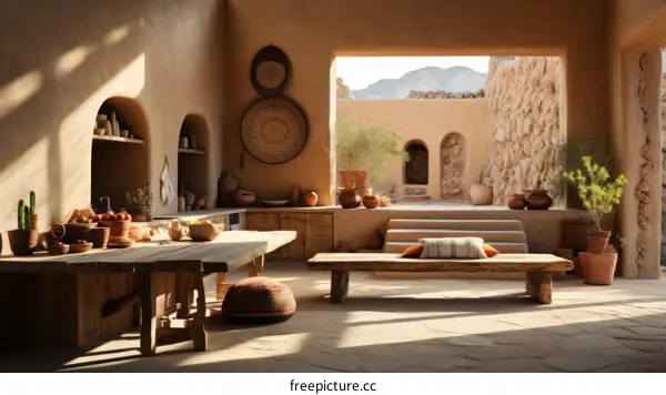 Earthen interior of a traditional house in the Atlas Mountains of Morocco
