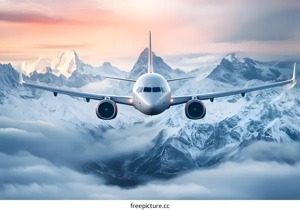 Airplane Flying Over Snowy Mountains at Sunset