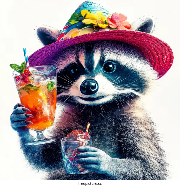 Funny Raccoon with Cocktails in a Party Hat