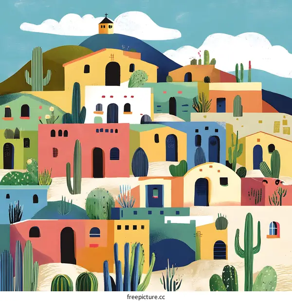 Colorful Illustration of a Desert Town with Cactus and Houses