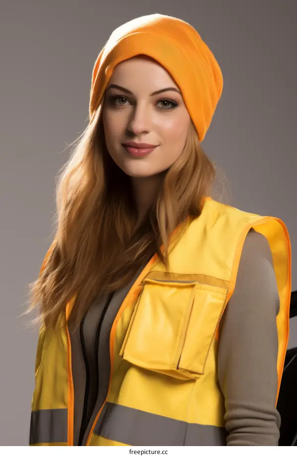 Portrait of a young woman wearing a hard hat and a reflective vest