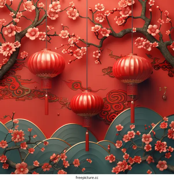 Red Lanterns and Pink Blossoms for Lunar New Year