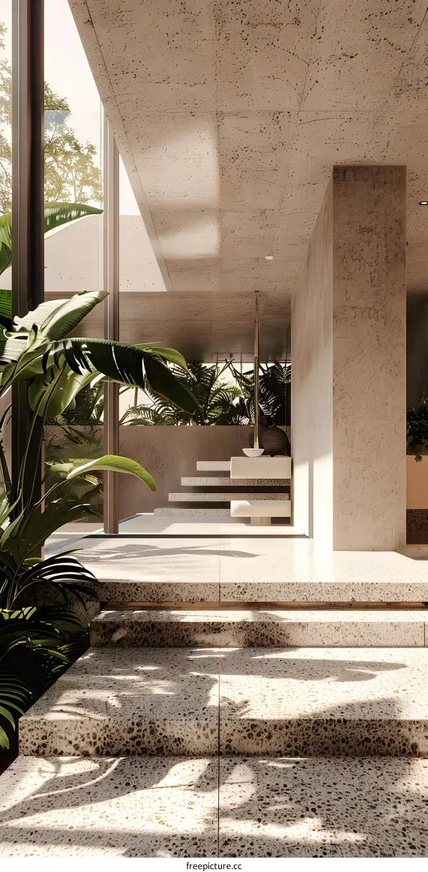 Modern Concrete Building with Steps and Greenery