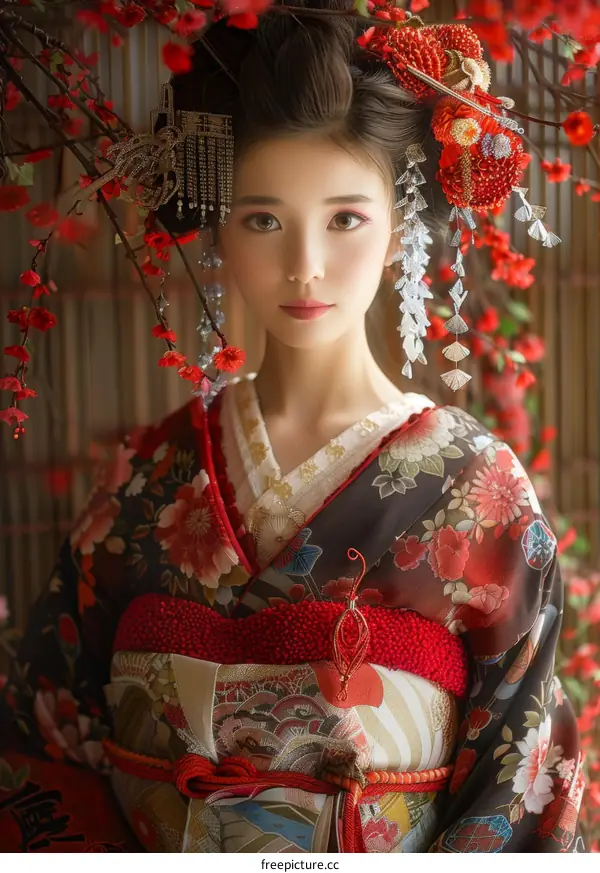 Portrait of a beautiful Japanese woman in traditional kimono