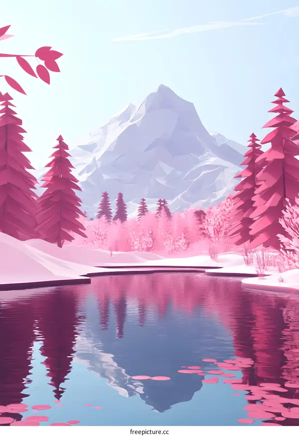 Pink Low Poly Mountain Landscape With Reflections
