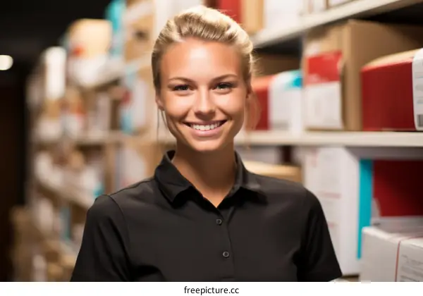Portrait of a smiling young woman in a warehouse