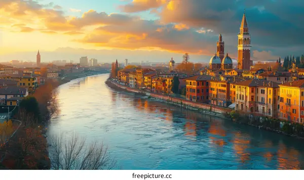 Verona cityscape with river Adige at sunset, Veneto, Italy