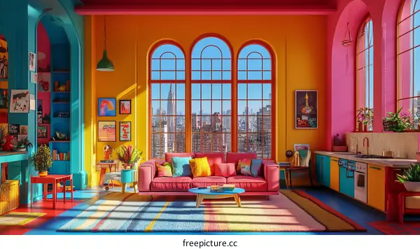 Colorful Vivid Living Room with City View