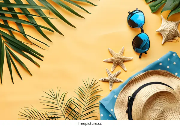 Summer Vacation Essentials Flat Lay with Palm Leaves