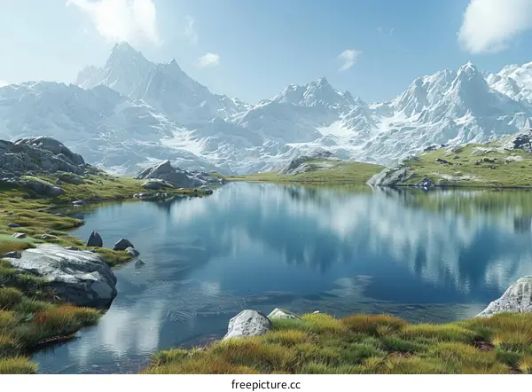 Majestic Mountain Lake Landscape with Green Grass Field