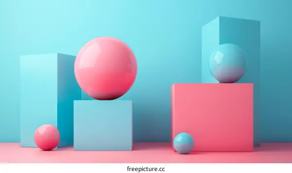Pink and blue pastel 3D rendering of spheres and rectangular prisms