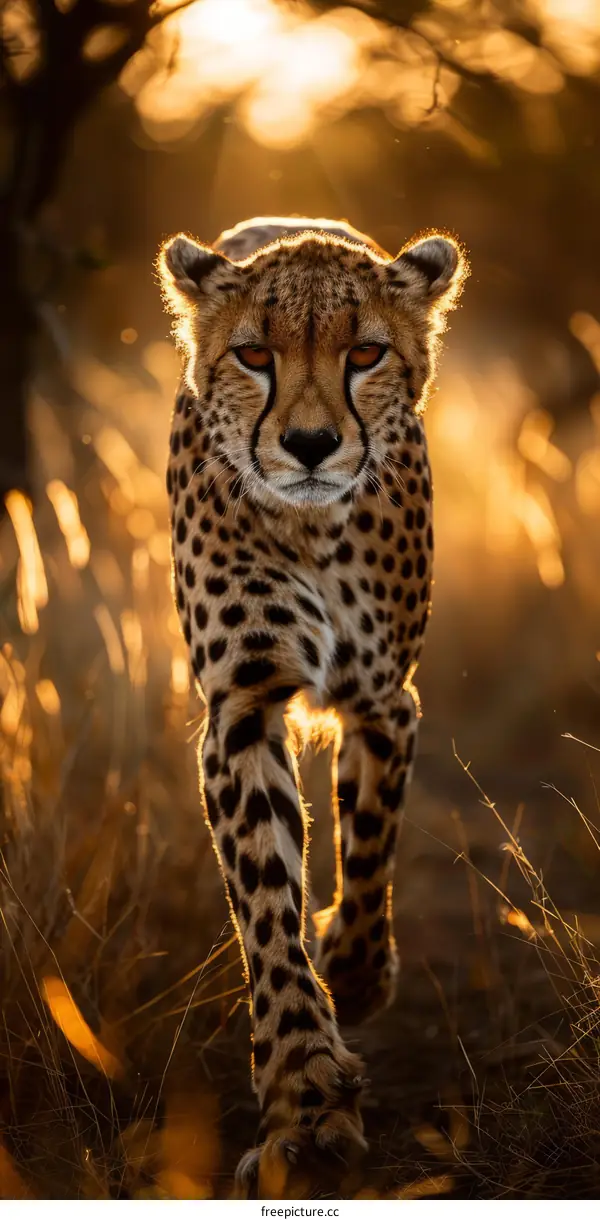 Cheetah Walking at Sunset in the Savanna