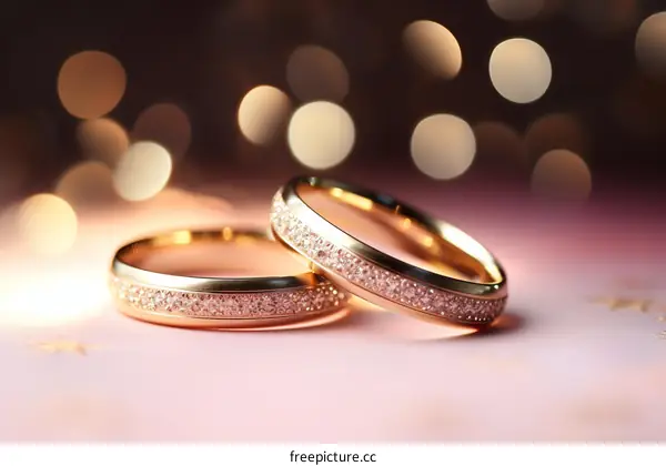 Two gold wedding rings on a pink surface with blurred lights in the background