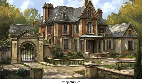 Elegant Brick Mansion with Iron Gate and Lush Greenery