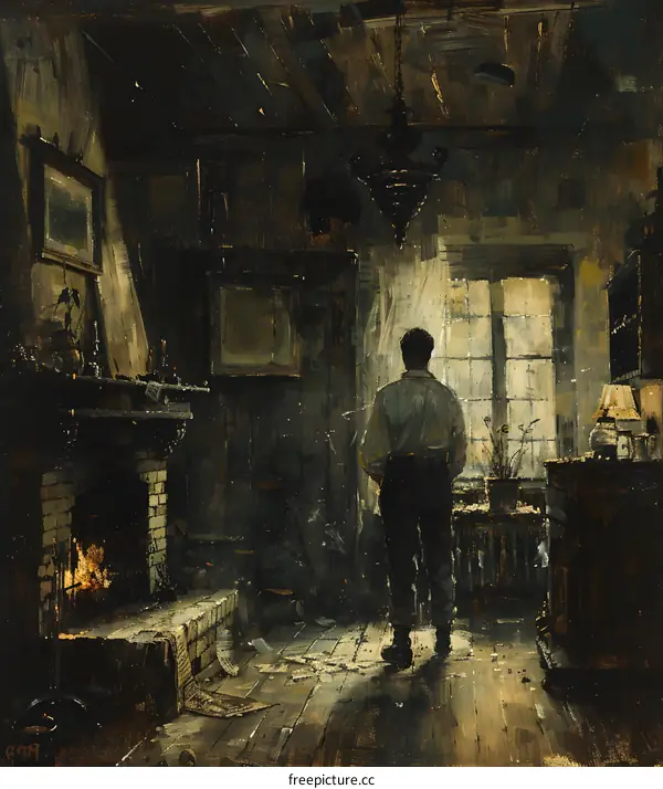 Man in a dimly lit room gazing out the window