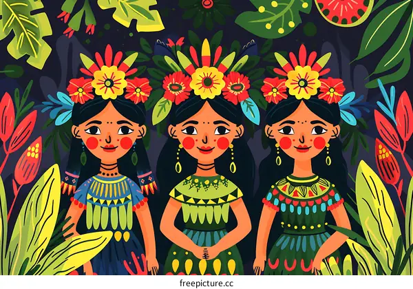 Three Women With Floral Crowns In A Tropical Forest