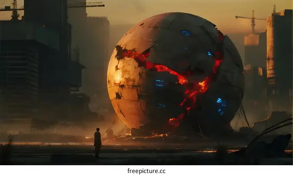 Giant Sphere Structure with Lava Cracks in Urban Construction Site
