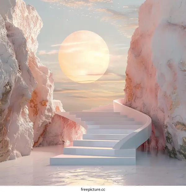 Surreal landscape with stairs and a large moon