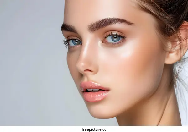 Closeup Portrait of Beautiful Woman with Blue Eyes and Makeup