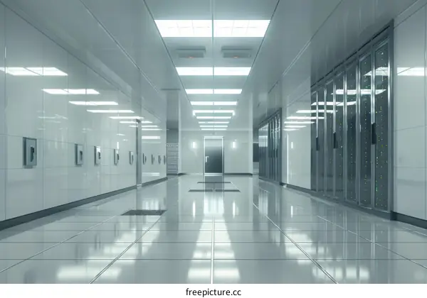 Futuristic data center interior with rows of server racks