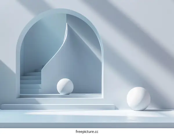 Blue and White Abstract Room 3D Render with Staircase and Spheres