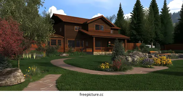 Modern House Design with Stone Walkway and Lush Greenery