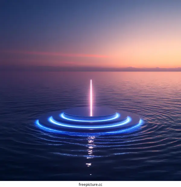 Abstract Futuristic Floating Platform on Water at Sunset