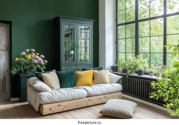 Green Living Room with Large Window and Sofa