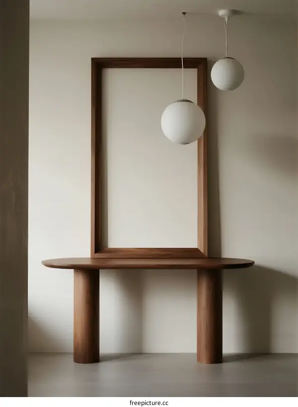 Minimalist Wooden Console Table with Frame and Pendant Lights