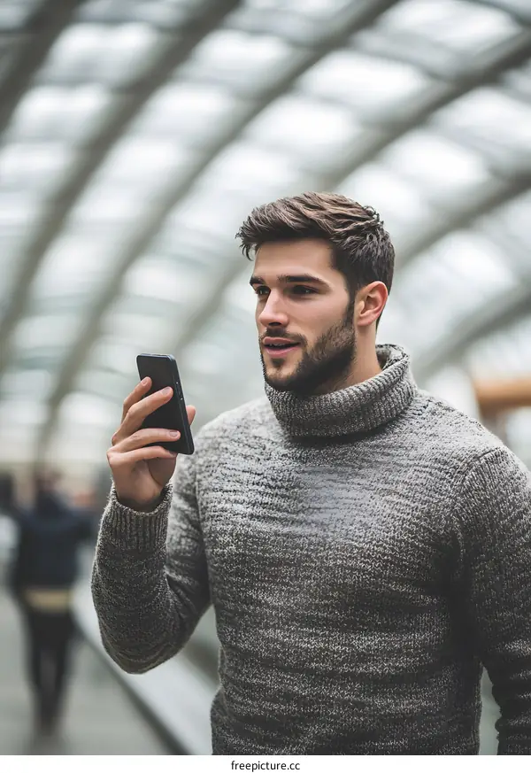 Young Man Talking On Phone In Modern Architecture