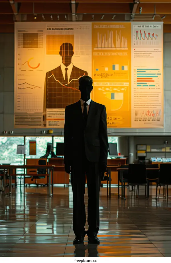 A man in a suit standing in a library with a poster of graphs and charts behind him