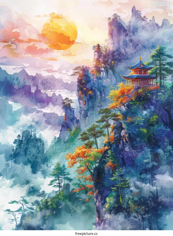 Chinese landscape painting of mountains and pavilions