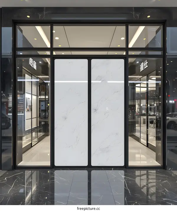 Black Marble Exterior Of A Modern Store Front With Glass Doors