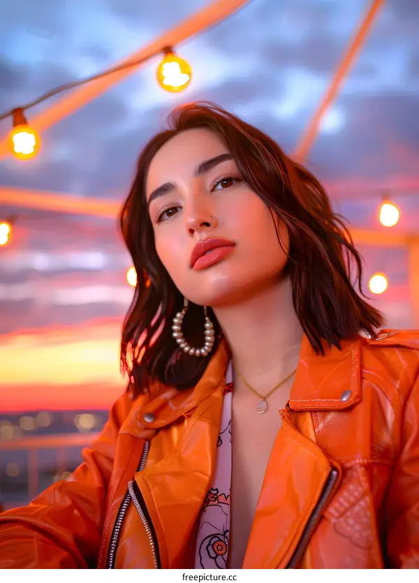 Woman in Orange Leather Jacket with String Lights in the Background