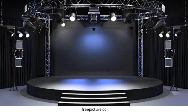 Empty Stage with Spotlights and Black Curtains
