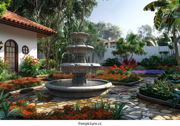 Courtyard with fountain and colorful flowers