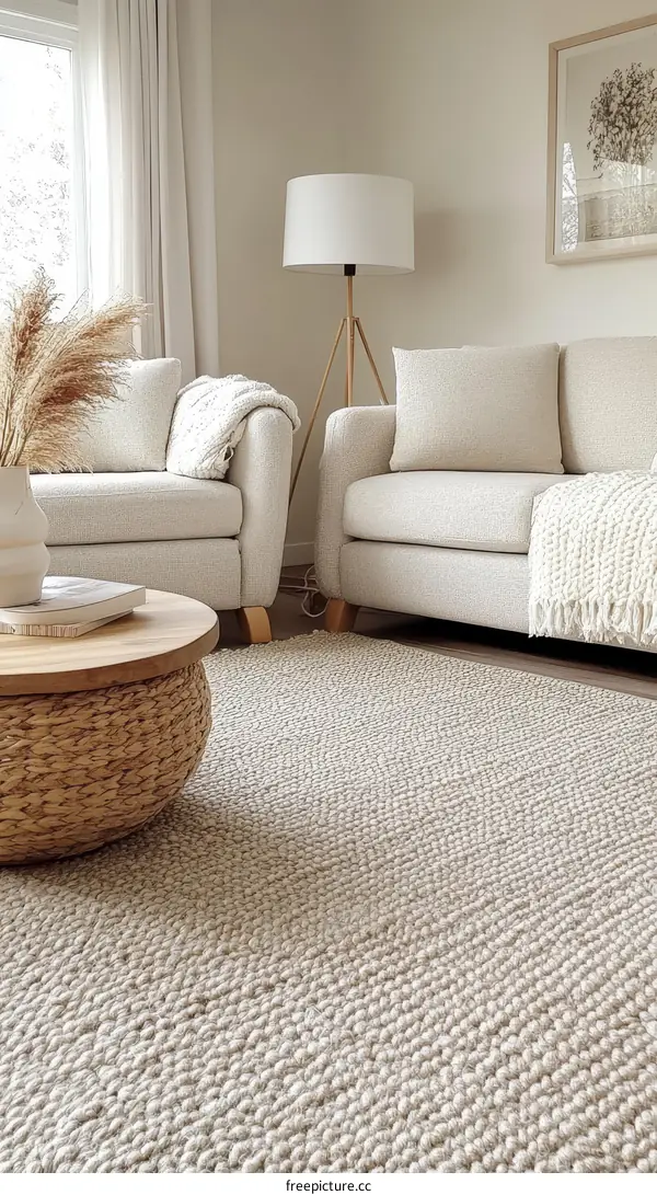 Cozy Beige Living Room with Woven Rug