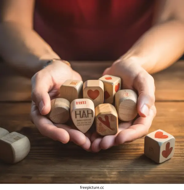 Close-up of a person's hands holding wooden blocks with various symbols including hearts, a four-leaf clover, and the word 'HAH'