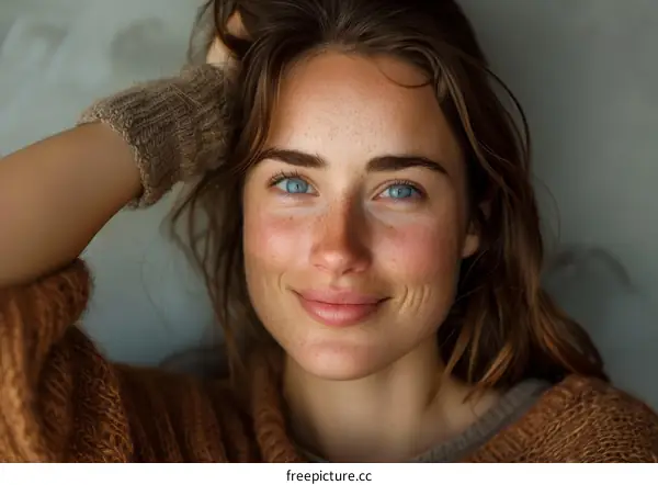 Portrait of a beautiful young woman with freckles and blue eyes