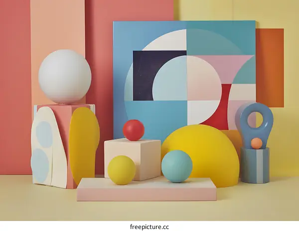 Abstract Geometric Shapes Background With Colorful Spheres And Cube