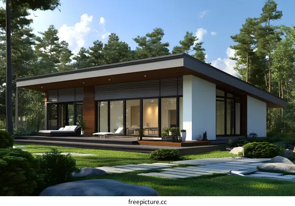 Modern House Exterior Design with Wooden Deck and Surrounding Greenery