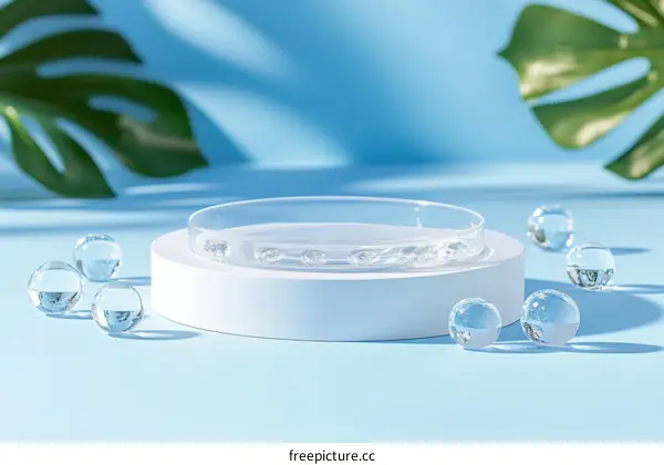 Cosmetic Product Display with Transparent Balls and Leaves