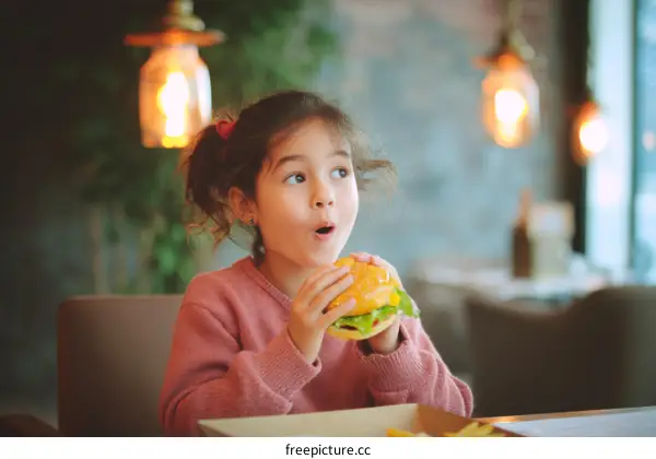 Little Girl Eating a Delicious Hamburger in a Cafe
