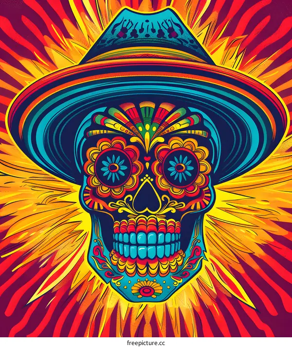 Colorful Sugar Skull with Hat and Sunburst Background