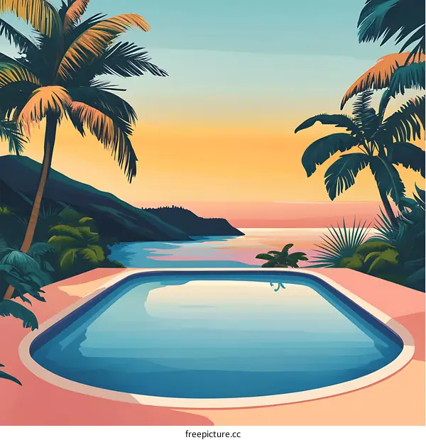 Sunset Over The Ocean With A Pool And Palm Trees