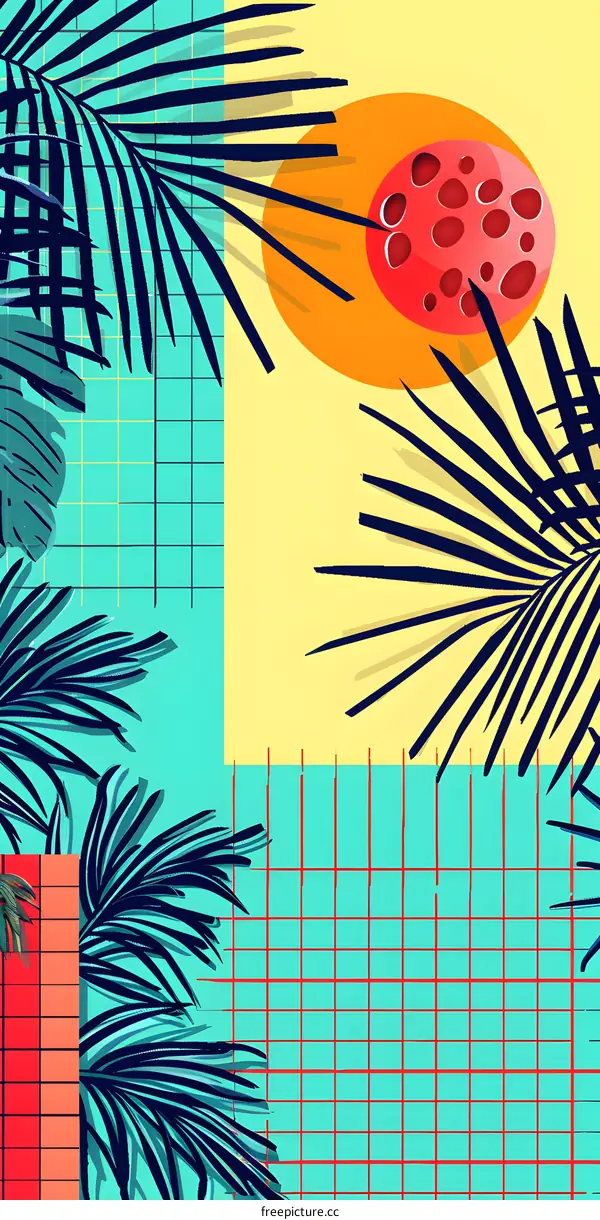 Tropical Retro Palm Leaves Geometric Pattern Illustration