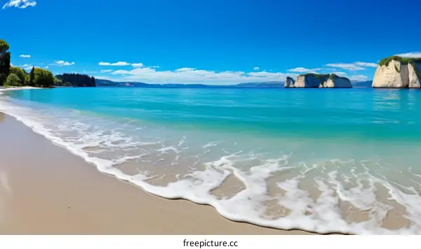 Panoramic View of Sandy Beach and Majestic Cliffs Against Clear Blue Ocean in New Zealand's Coastal Landscape