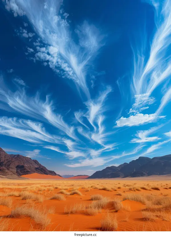 Barren Arid Desert Landscape with Sparse Vegetation and Blue Sky