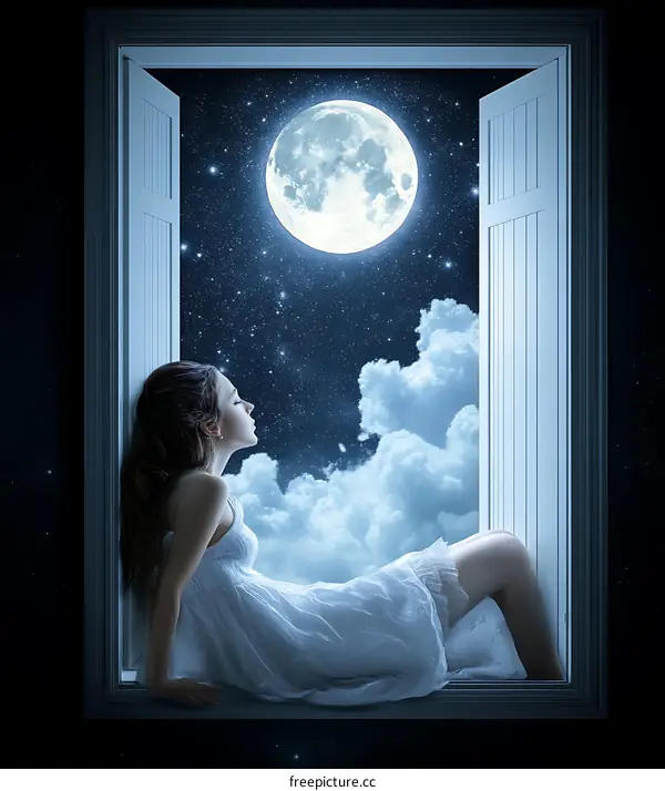 Woman Sitting in Window Looking at Full Moon and Stars