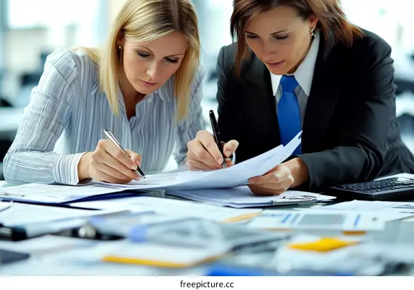 Two Business Women Working on Documents